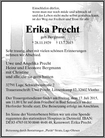 Anzeige  Erika Precht  Lippische Landes-Zeitung