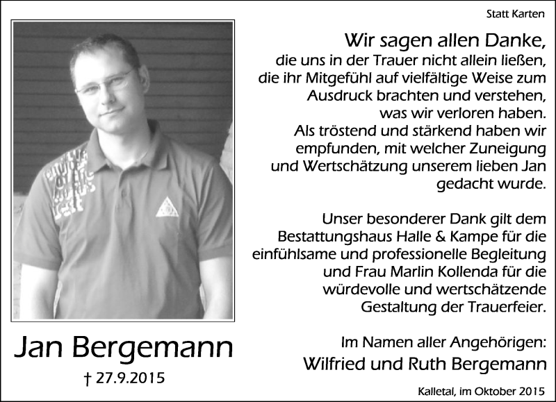  Traueranzeige für Jan Bergemann vom 24.10.2015 aus Lippische Landes-Zeitung
