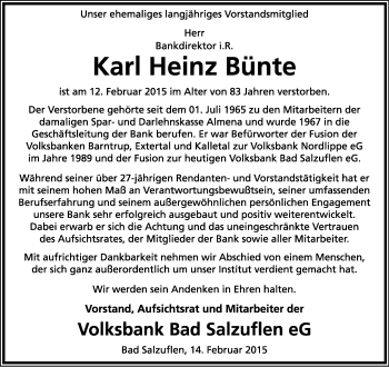 Anzeige  Karl Heinz Bünte  Lippische Landes-Zeitung
