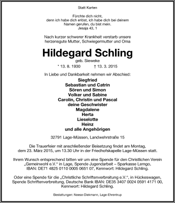 Anzeige  Hildegard  Schling  Lippische Landes-Zeitung