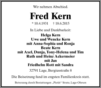 Anzeige  Fred Kern  Lippische Landes-Zeitung