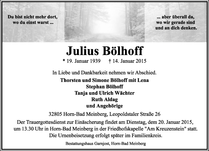  Traueranzeige für Julius Bölhoff vom 16.01.2015 aus Lippische Landes-Zeitung
