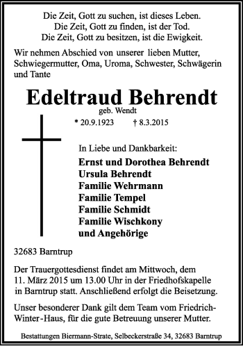 Anzeige  Edeltraud Behrendt  Lippische Landes-Zeitung
