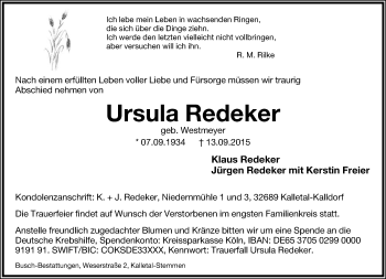 Anzeige  Ursula Redeker  Lippische Landes-Zeitung