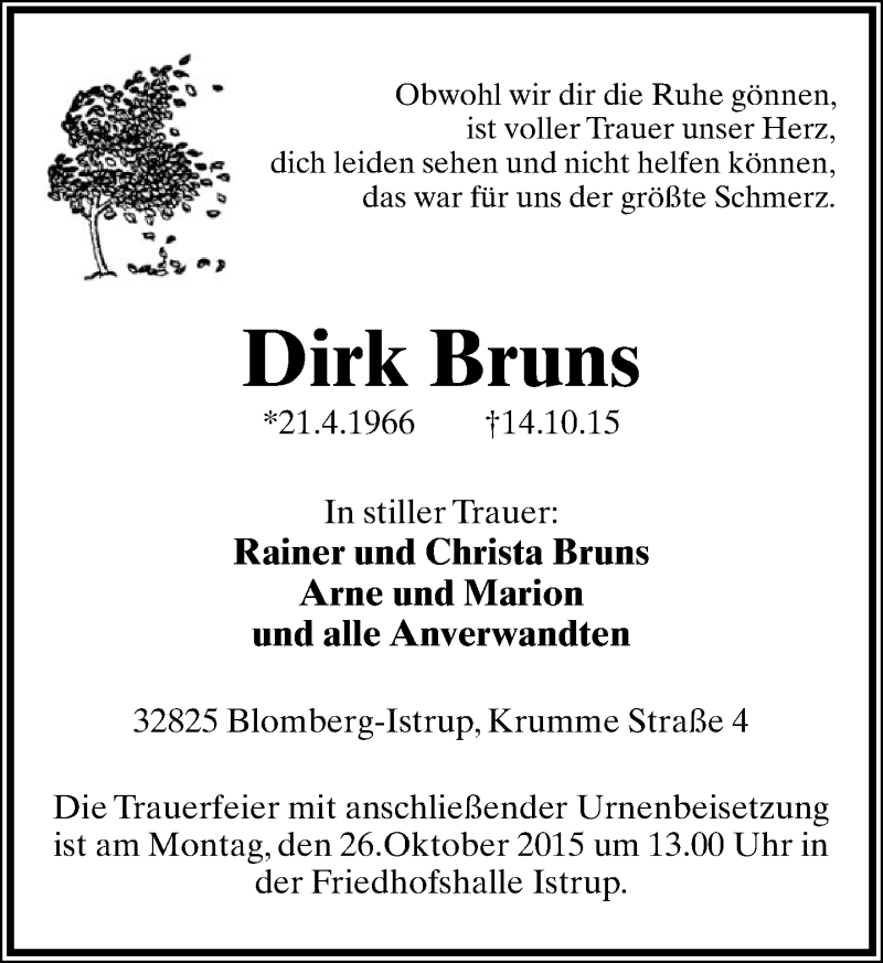  Traueranzeige für Dirk Bruns vom 17.10.2015 aus Lippische Landes-Zeitung