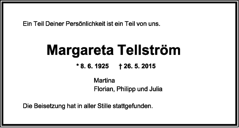  Traueranzeige für Margareta Tellström vom 06.06.2015 aus Lippische Landes-Zeitung