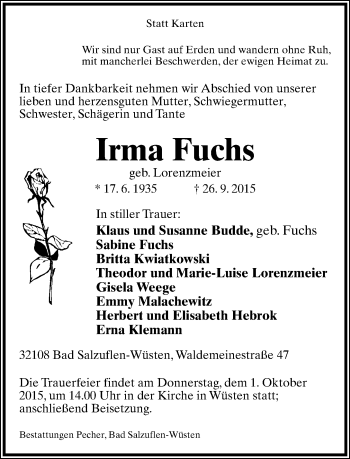 Anzeige  Irma Fuchs  Lippische Landes-Zeitung