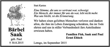 Anzeige  Bärbel Saak  Lippische Landes-Zeitung