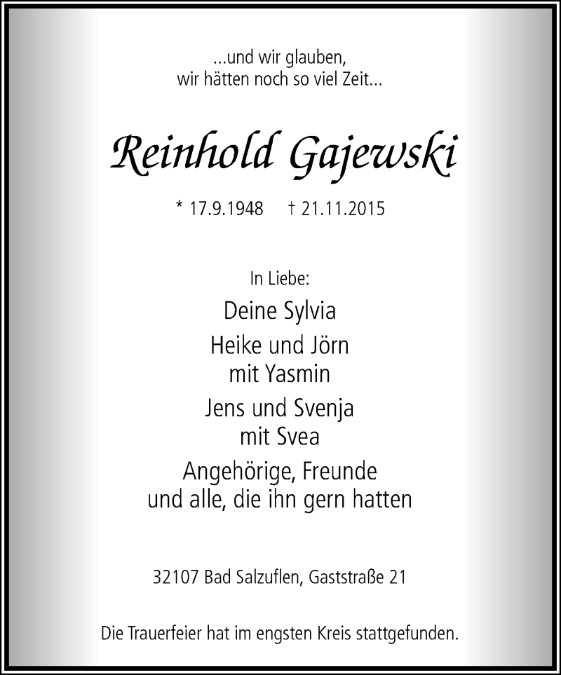  Traueranzeige für Reinhold Gajewski vom 28.11.2015 aus Lippische Landes-Zeitung