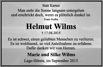 Anzeige  Helmut Wilms  Lippische Landes-Zeitung