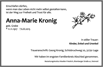 Anzeige  Anna-Marie Kronig  Lippische Landes-Zeitung