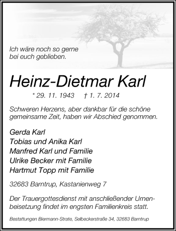 Anzeige  Heinz-Dietmar  Karl  Lippische Landes-Zeitung