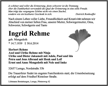 Anzeige  Ingrid Rehme  Lippische Landes-Zeitung