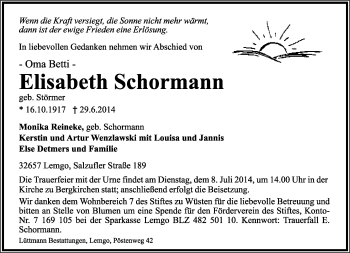 Anzeige  Elisabeth  Schormann  Lippische Landes-Zeitung