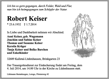 Anzeige  Robert Keiser  Lippische Landes-Zeitung