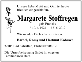 Anzeige  Margarete Stoffregen  Lippische Landes-Zeitung