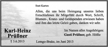 Anzeige  Karl-Heinz Prüßner  Lippische Landes-Zeitung