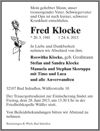 Anzeige  Fred Klocke  Lippische Landes-Zeitung