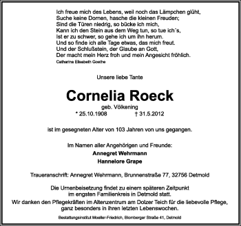 Anzeige  Cornelia Roeck  Lippische Landes-Zeitung