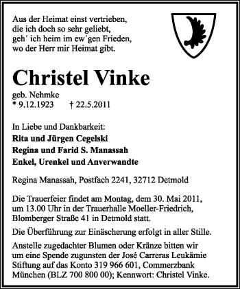 Anzeige  Christel Vinke  Lippische Landes-Zeitung