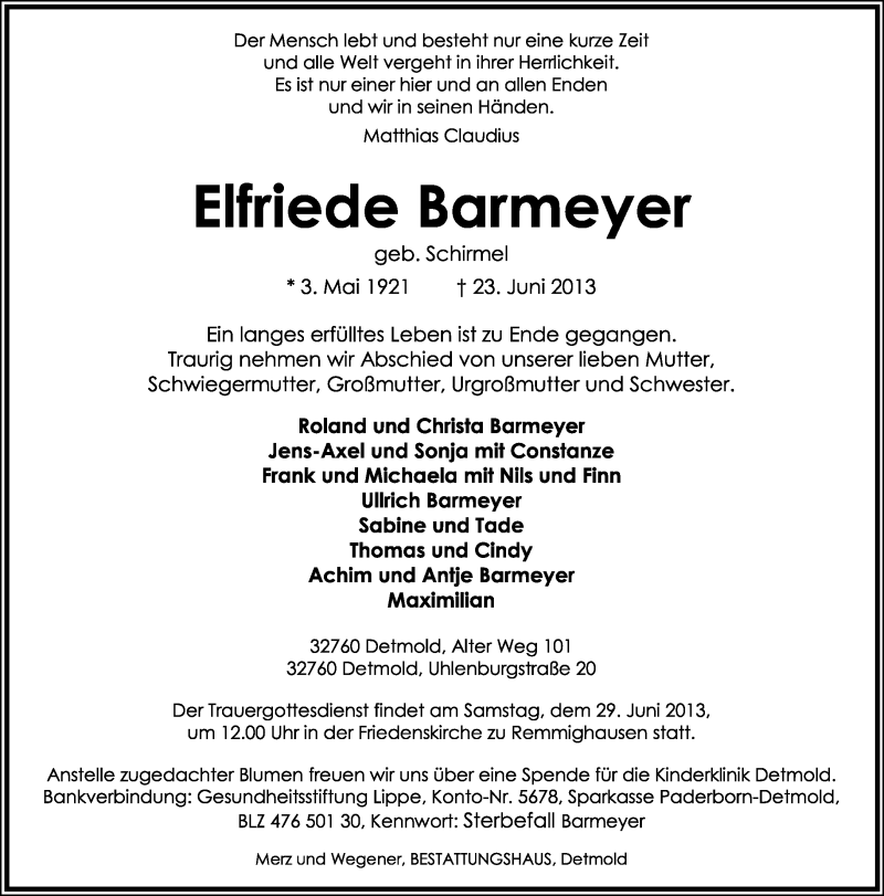  Traueranzeige für Elfriede Barmeyer vom 26.06.2013 aus Lippische Landes-Zeitung