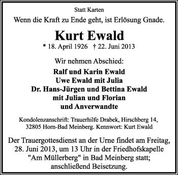 Anzeige  Kurt Ewald  Lippische Landes-Zeitung