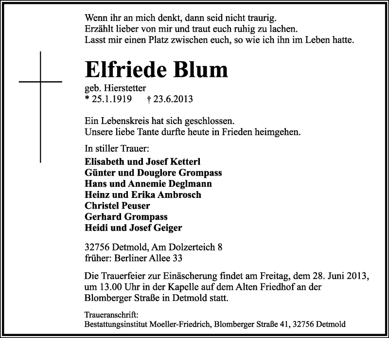  Traueranzeige für Elfriede Blum vom 26.06.2013 aus Lippische Landes-Zeitung
