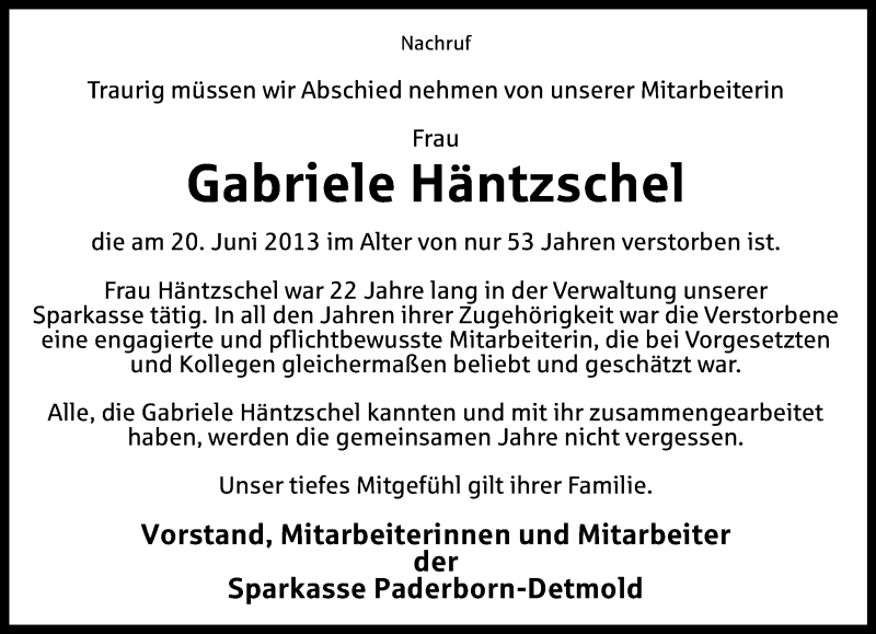  Traueranzeige für Gabriele Häntzschel vom 26.06.2013 aus Lippische Landes-Zeitung