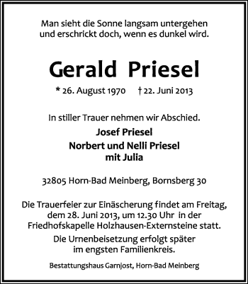 Anzeige  Gerald Priesel  Lippische Landes-Zeitung