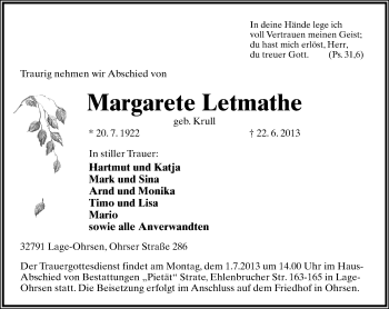 Anzeige  Margarete Letmathe  Lippische Landes-Zeitung