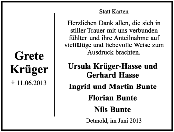 Anzeige  Grete Krüger  Lippische Landes-Zeitung