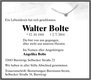 Anzeige  Walter Bolte  Lippische Landes-Zeitung