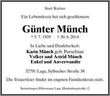 Anzeige  Günter Münch  Lippische Landes-Zeitung
