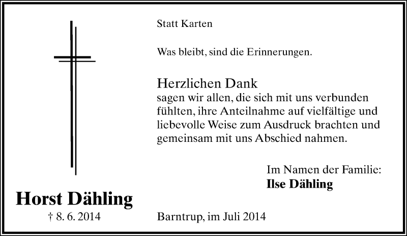  Traueranzeige für Horst Dähling vom 12.07.2014 aus Lippische Landes-Zeitung