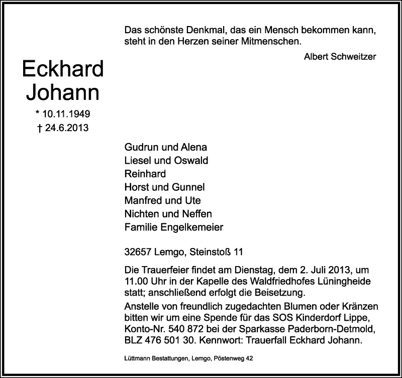  Traueranzeige für Eckard Johann vom 26.06.2013 aus Lippische Landes-Zeitung