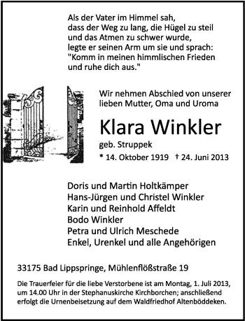 Anzeige  Klara Winkler  Lippische Landes-Zeitung