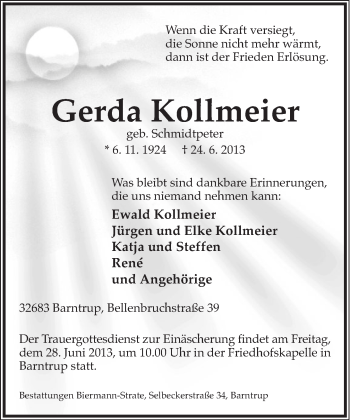 Anzeige  Gerda Kollmeier  Lippische Landes-Zeitung