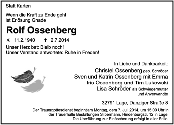 Anzeige  Rolf Ossenberg  Lippische Landes-Zeitung