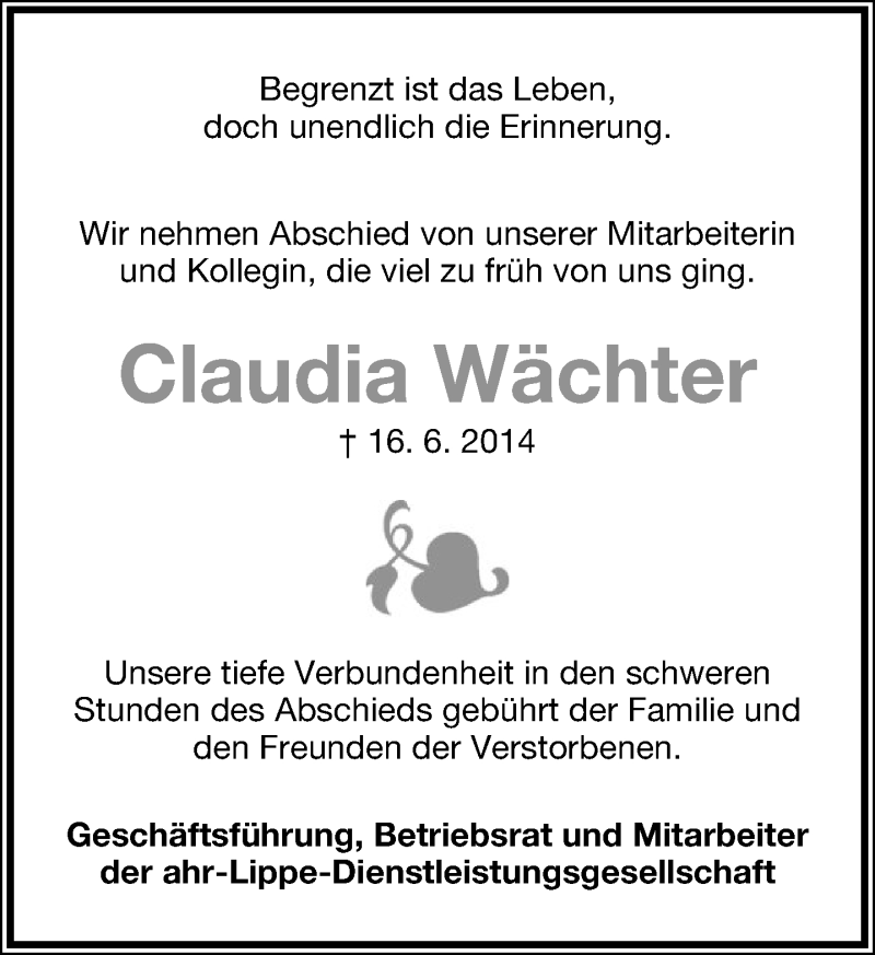  Traueranzeige für Claudia Wächter vom 07.07.2014 aus Lippische Landes-Zeitung