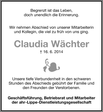 Anzeige  Claudia Wächter  Lippische Landes-Zeitung