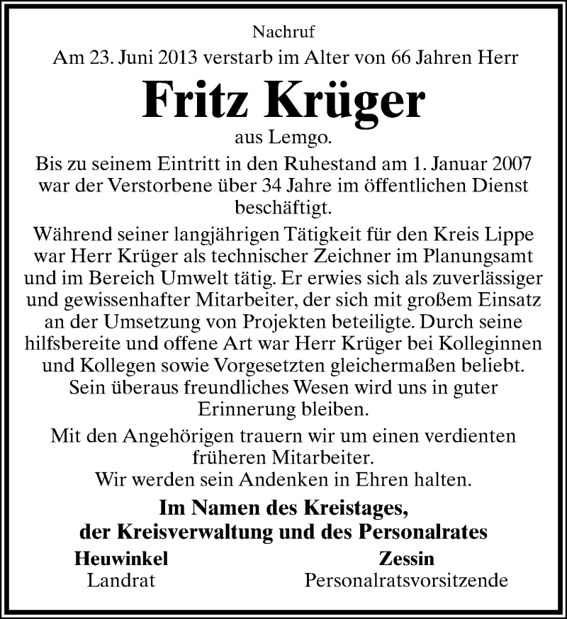  Traueranzeige für Fritz Krüger vom 27.06.2013 aus Lippische Landes-Zeitung