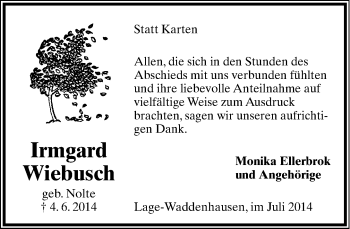 Anzeige  Irmgard Wiebusch  Lippische Landes-Zeitung