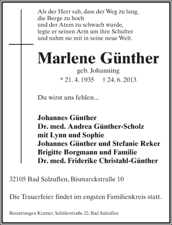 Anzeige  Marlene Gümther  Lippische Landes-Zeitung