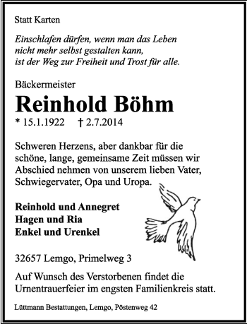 Anzeige  Reinhold Böhm  Lippische Landes-Zeitung