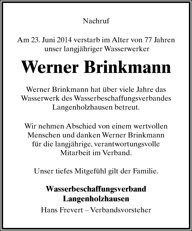  Traueranzeige für Werner Brinkmann vom 05.07.2014 aus Lippische Landes-Zeitung