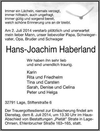 Anzeige  Hans-Joachim Haberland Haberland  Lippische Landes-Zeitung
