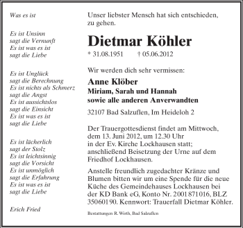 Anzeige  Dietmar Köhler  Lippische Landes-Zeitung