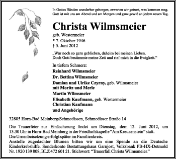 Anzeige  Christa Wilmsmeier  Lippische Landes-Zeitung