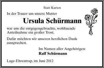 Anzeige  Ursula Schürmann  Lippische Landes-Zeitung