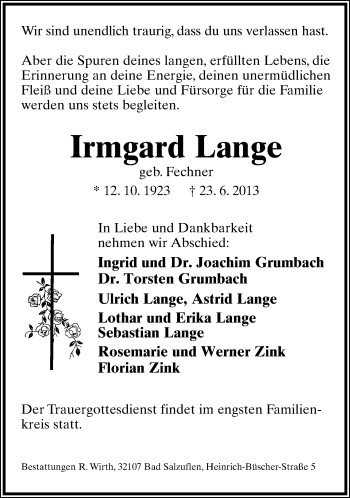 Anzeige  Irmgard Lange  Lippische Landes-Zeitung